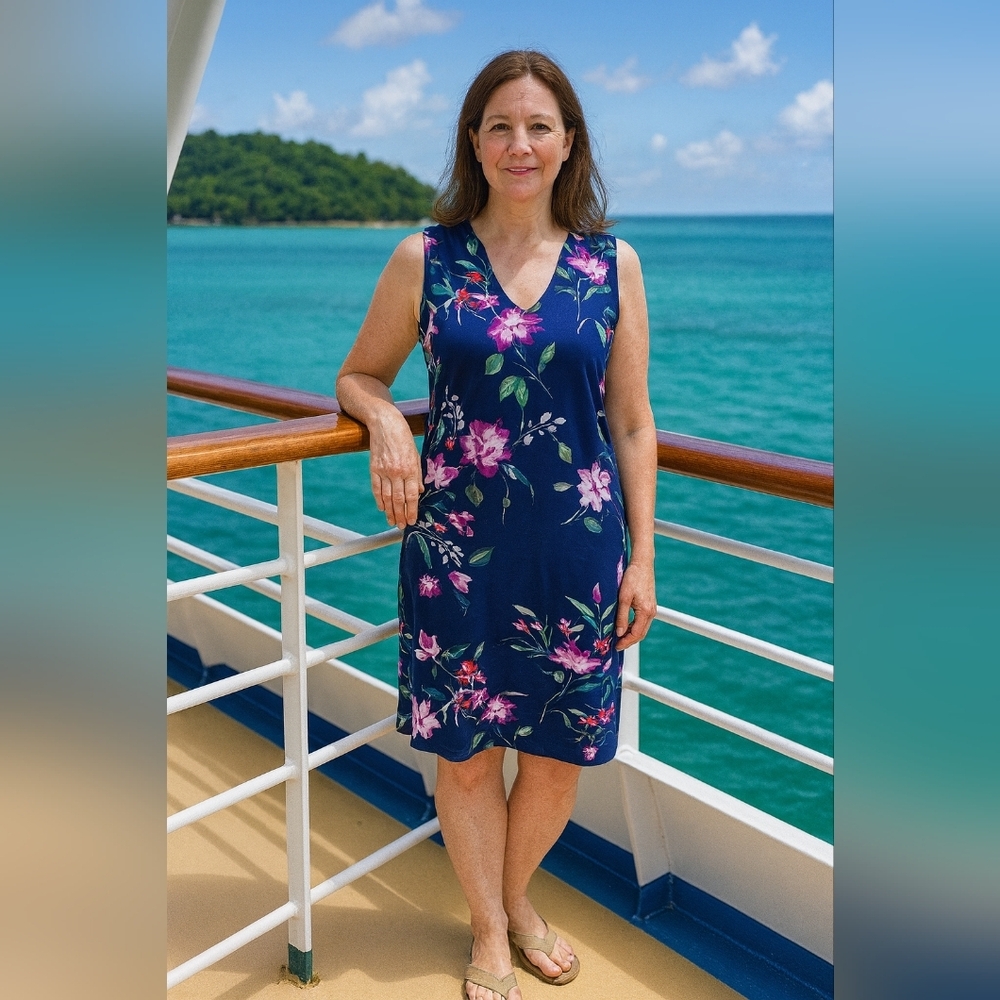 Renee C. Small Navy Tropical Floral Vacation Midi Dress Sleeveless V Neck Comfy